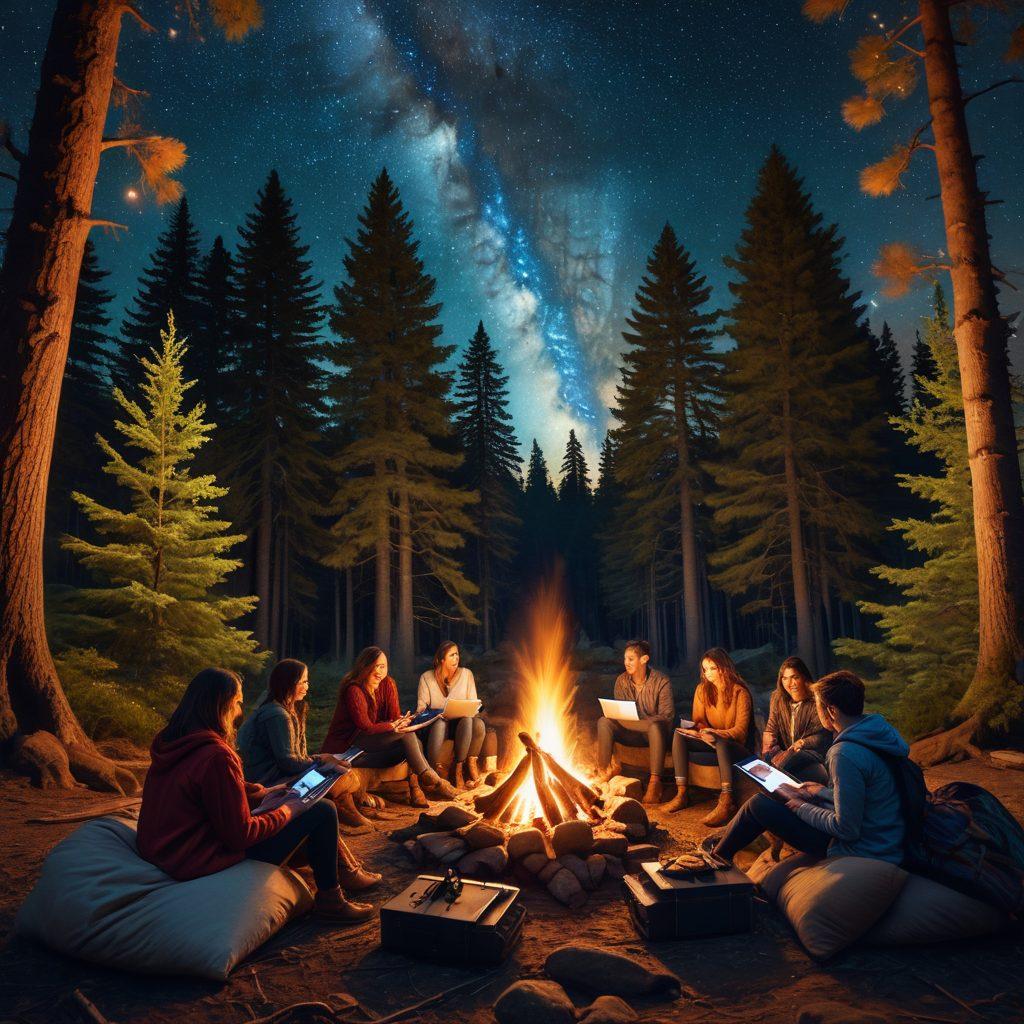 A vibrant and inviting digital collage representing a diverse group of bloggers sharing their stories around a glowing campfire, with laptops and notepads in hand. Each person has a unique style, reflecting various cultures and backgrounds, creating a sense of community. Surround them with elements like trees, stars, and a sense of warmth and camaraderie. super-realistic. warm colors. 3D.