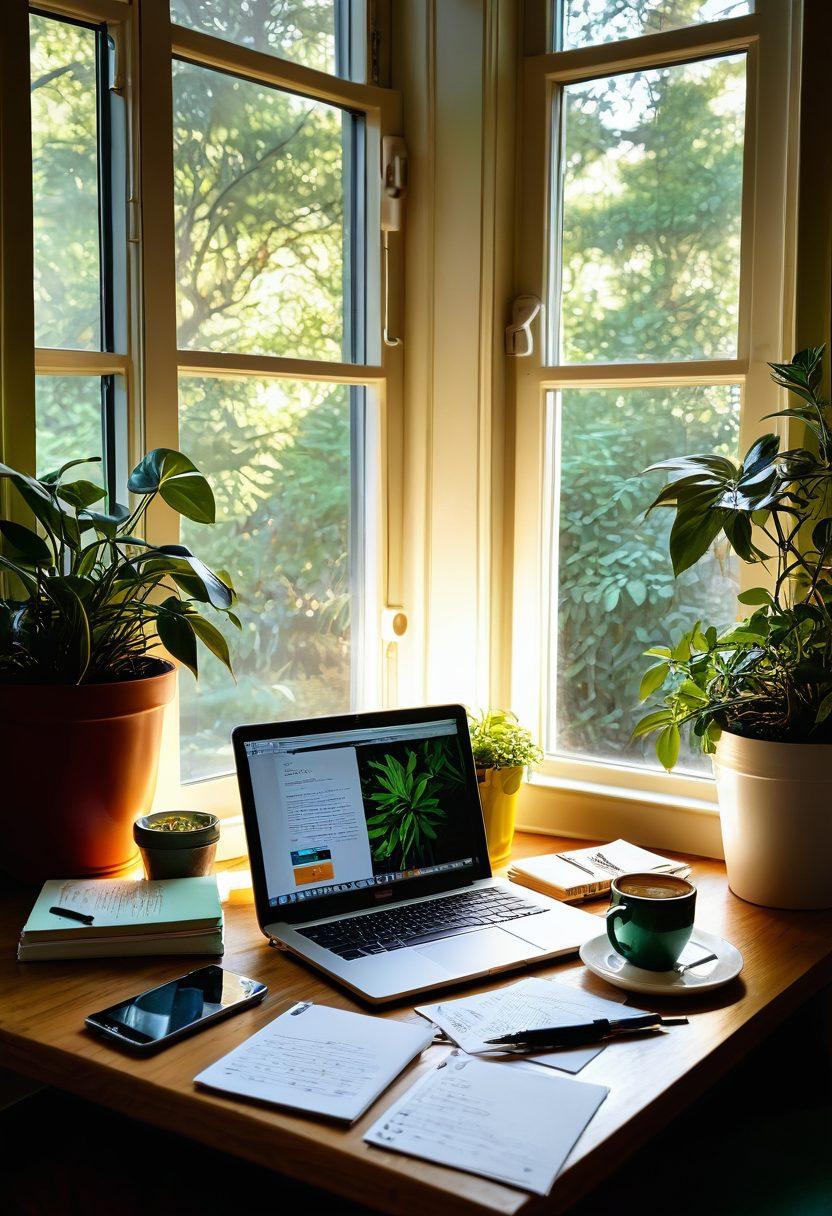 A cozy writing nook filled with colorful notebooks, a steaming cup of coffee, and a laptop displaying an open blog interface. Sunshine streams through a window adorned with plants, creating a warm and inviting atmosphere. Handwritten notes and inspiring quotes are scattered around, symbolizing the journey of crafting a unique narrative. vibrant colors. super-realistic. warm lighting.
