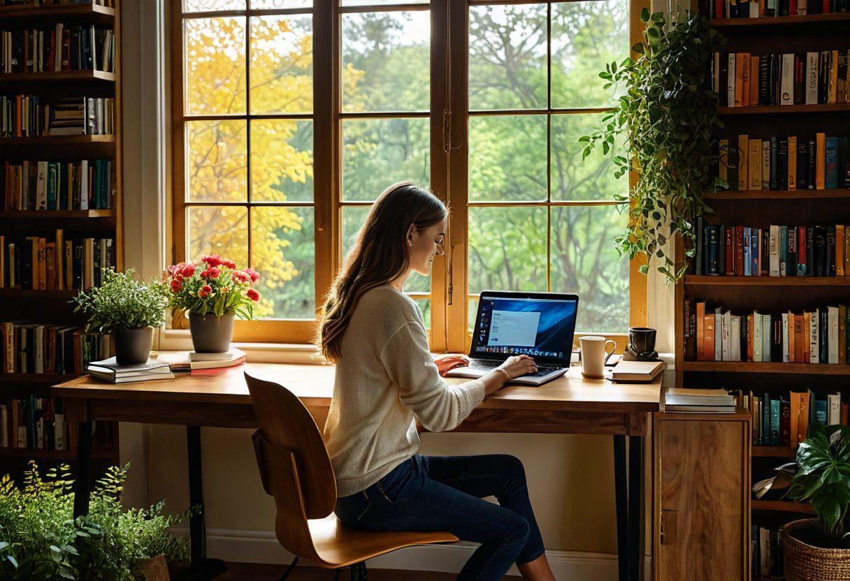 A person sitting at a cozy desk, typing on a laptop with a cup of coffee beside them. The background features a bookshelf filled with colorful books and a window showing a vibrant landscape. Light streams in, illuminating the space and creating a warm atmosphere. The person is smiling, symbolizing creativity and inspiration. super-realistic. vibrant colors. cozy atmosphere.